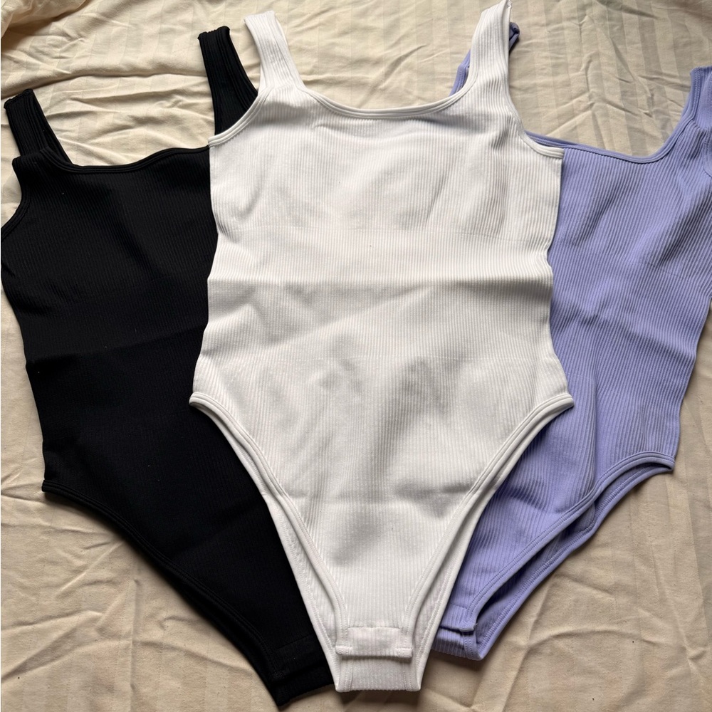 OQQ Ribbed Bodysuits - Black, White, Purple. Size M